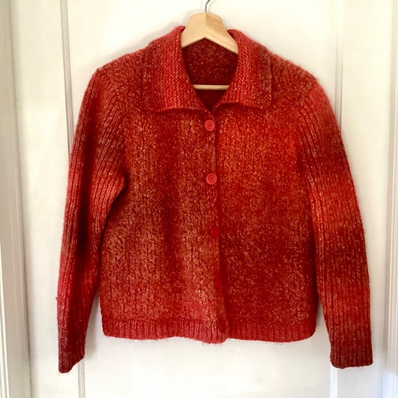 Vintage Hand Knit Button Down Long Sleeve Cardigan Orange Boucle Size S/M Jacket - Picture 14 of 15